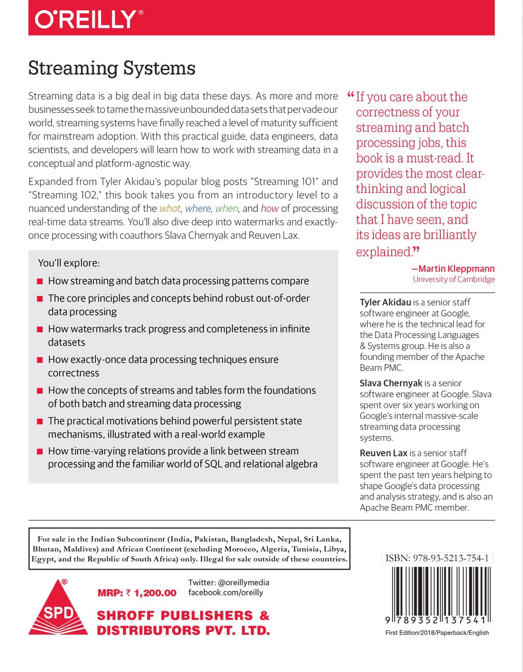Streaming Systems by Tyler Akidau, Slava Chernyak, Reuven Lax, back cover