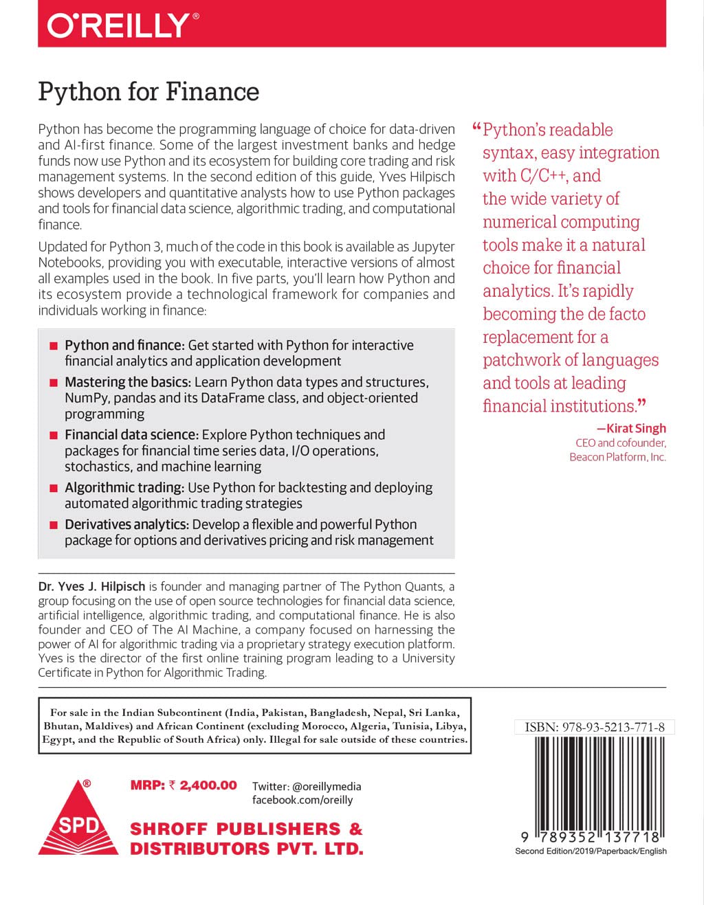 Python for Finance 2/ed by Yves Hilpisch, back cover
