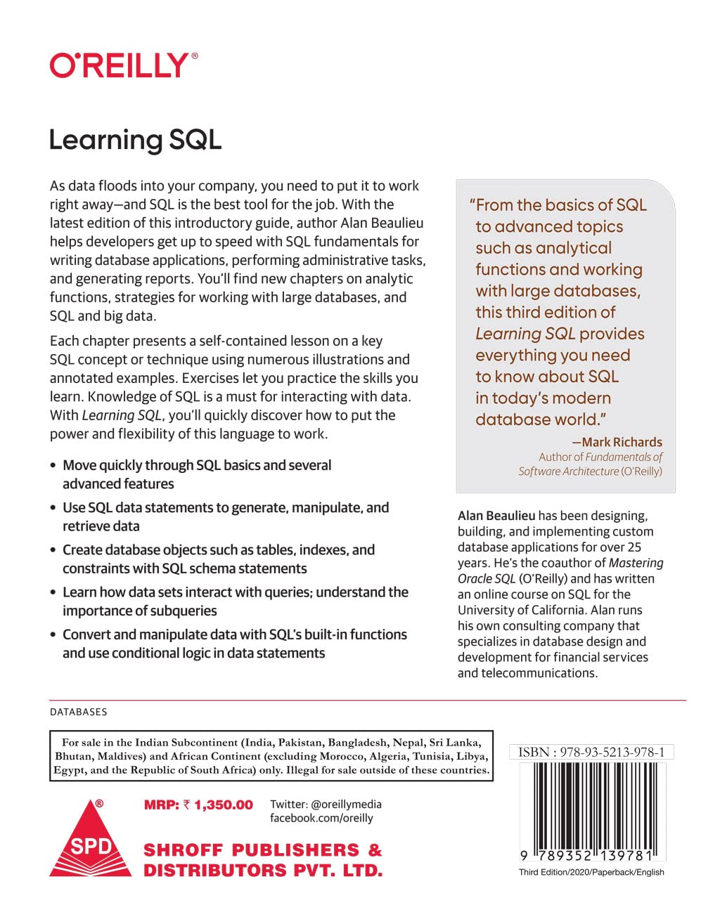 Learning SQL by Alan Beaulieu, back cover