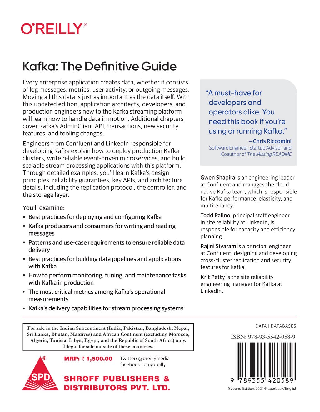 Kafka by Gwen Shapira, Todd Palino, Rajini Sivaram, back cover