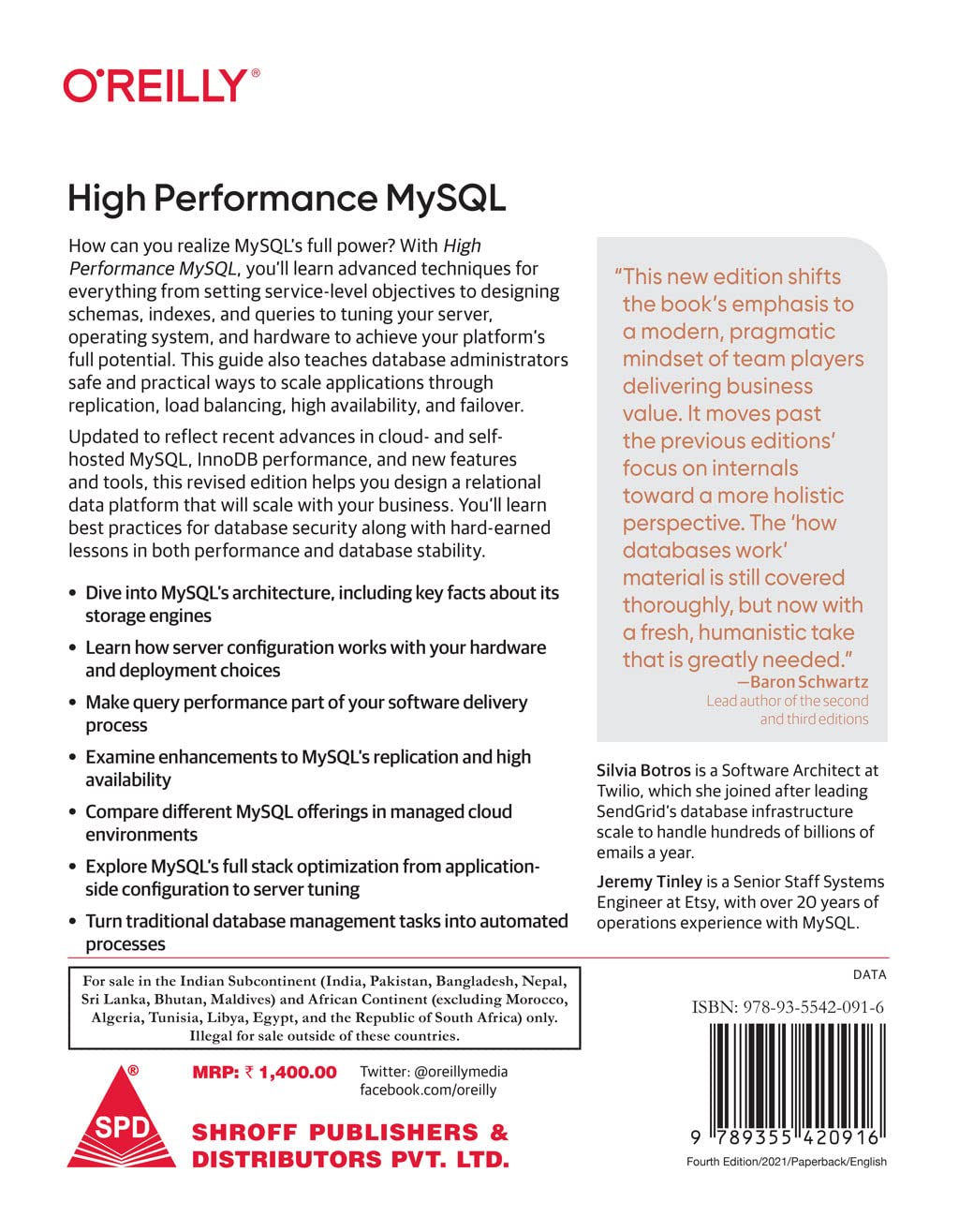 High Performance MySQL, Fourth Edition by Silvia Botros, Jeremy Tinley, back cover