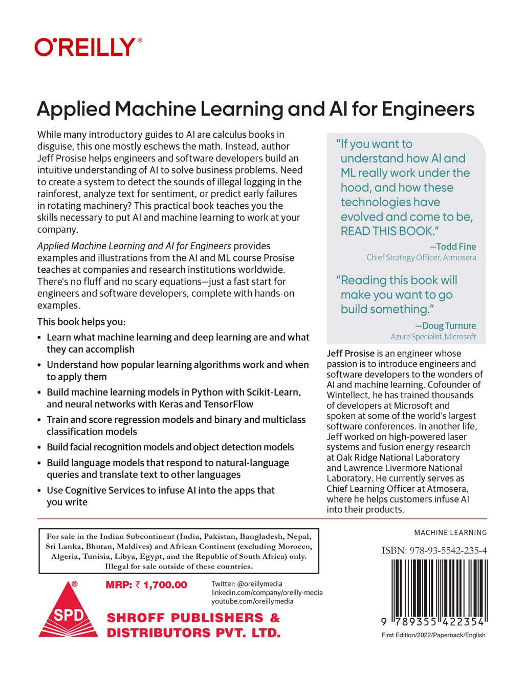 Applied Machine Learning and AI for Engineers by Jeff Prosise, back cover