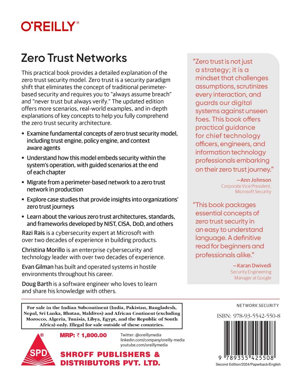 Zero Trust Networks, 2nd Edition by Razi Rais, Christina Morillo, Evan Gilman, Doug Barth, back cover
