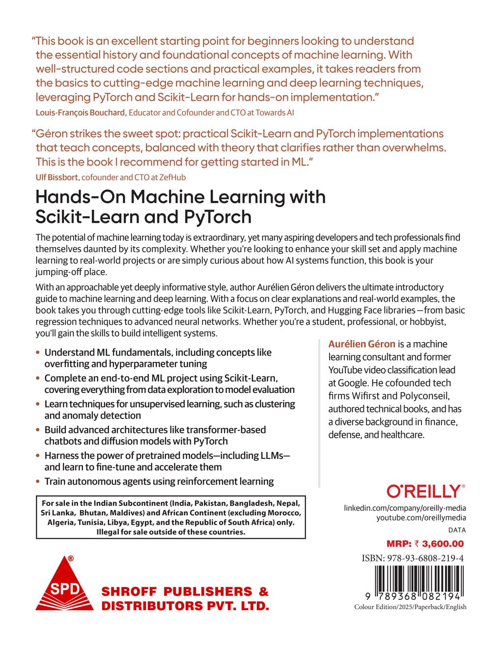 Hands-On Machine Learning with Scikit-Learn and PyTorch by Aurélien Géron, back cover
