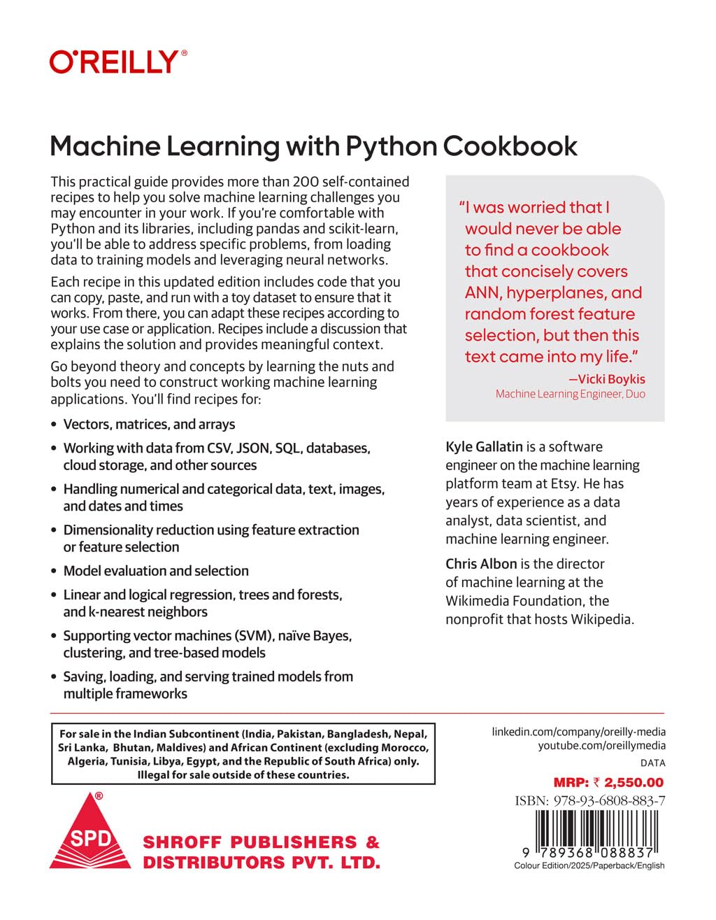 Machine Learning with Python Cookbook, 2nd Edition (Full Colour Edition) by Kyle Gallatin, Chris Albon, back cover